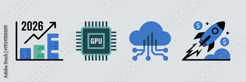 Tech trends 2026 vector icons for AI and startup funding.