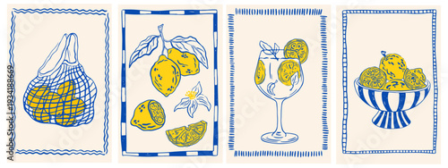 Hand drawn summer card with lemon. Vintage Italian summer posters with lemon fruits, branches with leaves, fruit bowl, and basket. Mediterranean summer illustrations for poster, invitation, placard