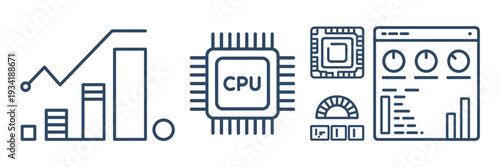Thin line hardware benchmark icons with processor and analytics.