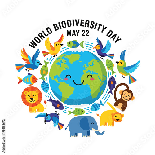 World Biodiversity Day Happy Earth with Animals and Birds Around Globe