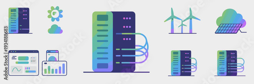 Next generation data center icons with green energy – Perfect for sustainable tech, cloud computing, or eco-friendly hosting.