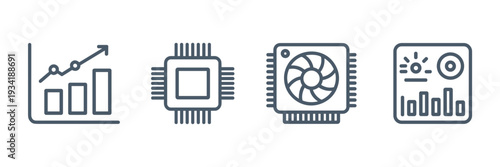 AI chip benchmarking icons with performance charts and GPU card.
