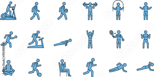 Fitness Activity Icon Set Featuring Running, Cycling, Weightlifting, Yoga, Jump Rope, and Exercise Poses for Gym, Training, and Healthy Lifestyle Designs