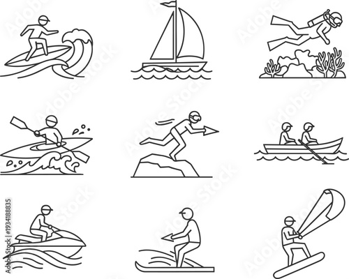 Water Sports Line Icons Set with Jet Ski, Sailing, Scuba Diving, Kayaking and Windsurfing Activities Vector