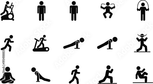 Fitness and Exercise Stick Figure Icon Set with Gym Workout Activities, Training Poses, Cardio, Strength, Yoga, and Healthy Lifestyle Symbols