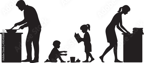 Family cooking and playing together in silhouette black