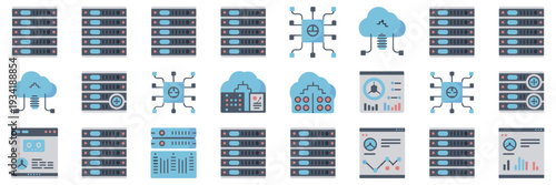 Scalable server rack and network icons – Ideal for cloud computing services, web hosting, or network security.