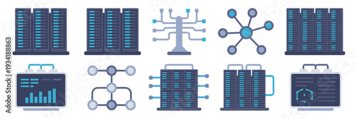 Monitoring dashboard and cloud server icons – Suitable for data analytics, system administration, or SaaS UI.