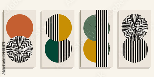 Abstract geometric art prints with circles stripes and wave patterns