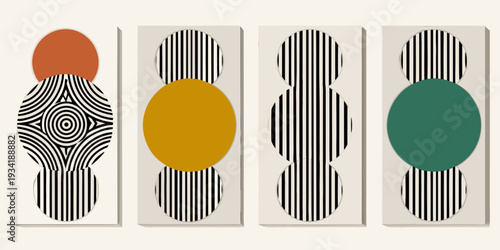 Abstract geometric art featuring circles stripes and contrasting color palettes