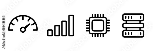 Technical compute performance icon sheet – Suitable for technical manuals, developer documentation, or system apps.