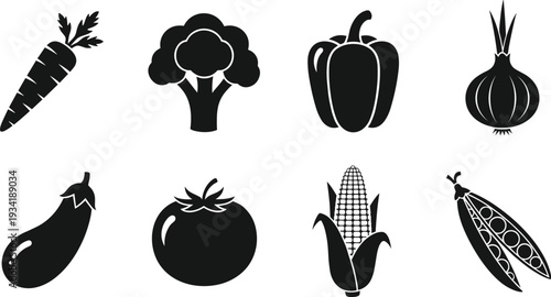 Black Vegetable Silhouette Icons Set with Carrot, Broccoli, Pepper, Onion, Eggplant, Tomato, Corn and Peas