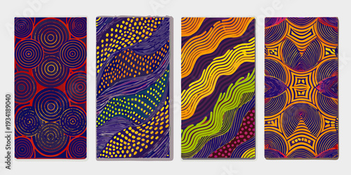 Four vibrant rectangular panels displaying abstract aboriginal style artwork