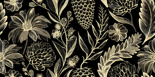 Elegant floral and botanical illustration with pinecones on a black background