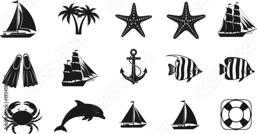 Marine and Nautical Black Silhouette Icons Set with Sailboat, Anchor, Dolphin, Starfish, Crab and Lifebuoy