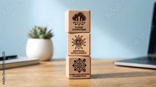 A stack of wooden blocks with cloud computing, artificial intelligence, and digital data network security concepts on a modern desk