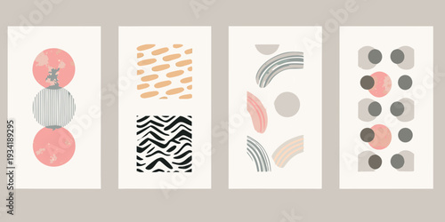 Abstract geometric patterns in a series of vertical framed artworks