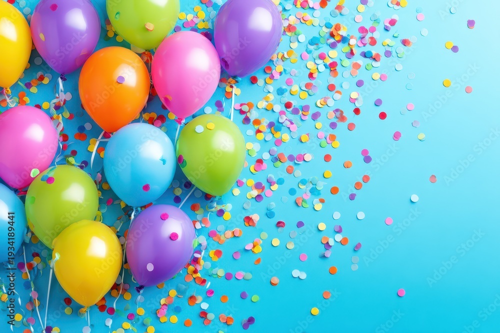 Obraz premium Celebration And Festive Mood Colorful Balloons And Confetti On Blue Background For Birthday Party Or Special Events