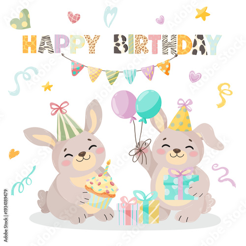 Sweet Bunny with Birthday Gift and Festive Elements