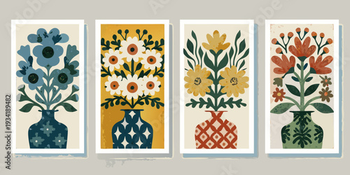 Four botanical illustrations of flowers in vases a colorful wall display