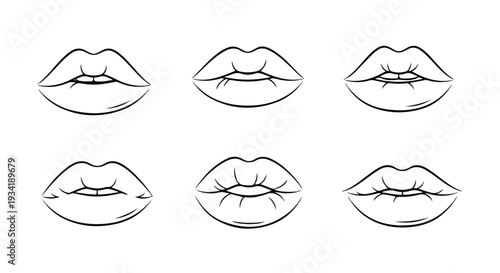 A graphic illustration of six different mouths with lips and wrinkles on a clean white background.