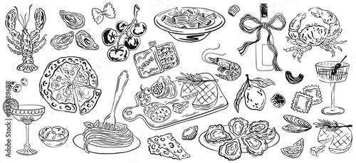 Hand drawn Mediterranean food and drinks set. Doodle ink line style breakfast, lunch, dinner elements. Charcuterie jamon and salami board, cheese, wine, pizza, spaghetti. Vector table setting drawings