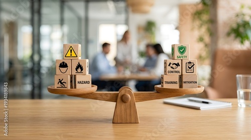 A wooden balance scale with hazard and safety blocks on a desk in a modern office setting with people in the background