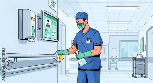 Healthcare worker sanitizing hospital corridor door handle.