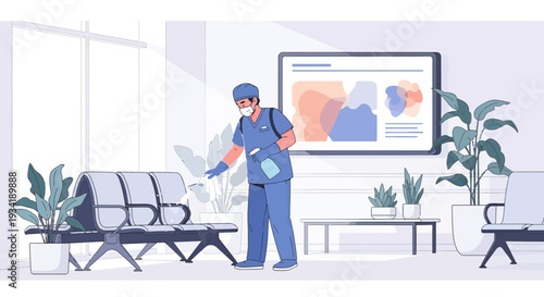 Healthcare worker disinfecting waiting room chairs with spray bottle.