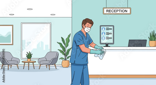 Healthcare worker sanitizing medical reception desk area.