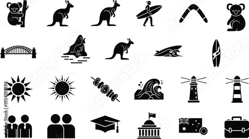 Australia Travel and Culture Black Icons Set with Kangaroo, Koala, Sydney Bridge, Surfing and National Symbols