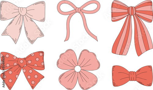 Set of Hand Drawn Pink and Orange Decorative Bows with Patterns for Cute Gift Wrap Design