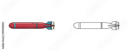 Naval torpedo presented in colored and line art styles with red and teal colors used for underwater naval warfare or maritime defense operations isolated on white background