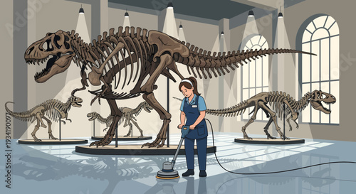 Paleontologist meticulously cleaning dinosaur skeleton exhibit.