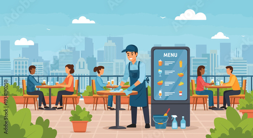 Waiter serving customers at a rooftop restaurant.