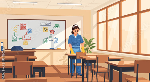 Woman cleaning classroom desks with yellow gloves.
