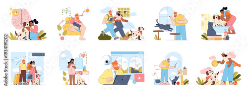 Happy Pets and Owners Vector Illustration Set