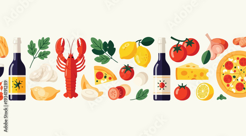 A vibrant assortment of seafood, wine, and italian food ingredients including lobster, tomatoes, lemons, and pizza on a white background