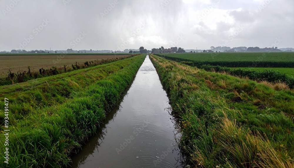 Fototapeta premium Countryside irrigation channel with flowing water in lush green fields under cloudy sky