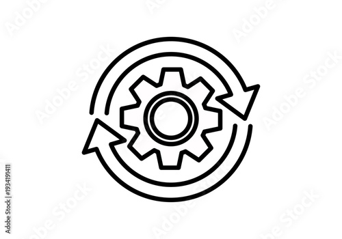 Icono lineal de un engranaje rodeado por dos flechas circulares que indican un proceso de rotación