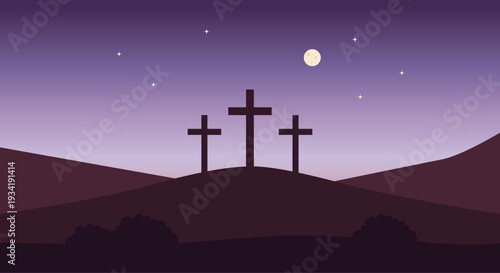 Siluetas de tres cruces en una colina bajo un cielo nocturno estrellado con luna llena