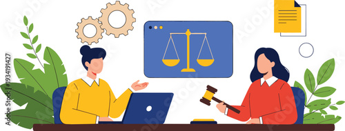 Online Legal Consultation Concept Vector Illustration with Lawyer, Client, Laptop, Gavel, and Justice Scale for Digital Law Services and Advice