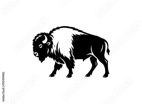 A majestic black and white illustration of a bison walking towards the right. isolated on transparent background, isolated on white background, Vector
