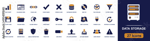 Data storage icon set. Containing database server, cloud storage, memory card, USB drive, folder, file, floppy disk, upload, download, lock, shield, sync, and more. Solid fill icons.