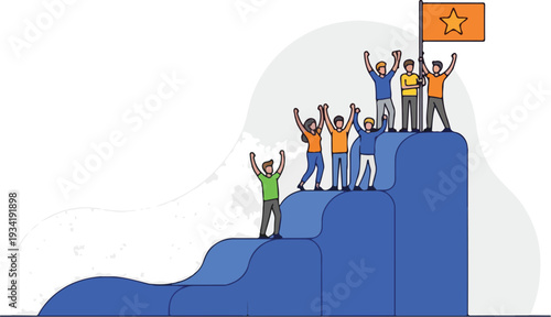 People celebrate on top of a cliff with a flag and raised arms