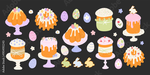 Easter cake set with eggs, gingerbread bunnies, glazed kulich, festive pastries with icing and sprinkles. Doodle hand drawn illustration. Spring holiday bakery clipart for card, poster, print