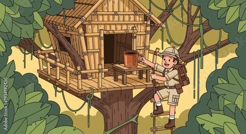 Young explorer climbs ladder to wooden treehouse adventure.