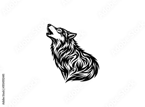 A majestic black and white illustration of a howling wolf with intricate patterns isolated on transparent background, isolated on white background, Vector