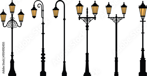 Vintage street lamp set with classic lanterns, antique wrought iron lamp posts, and old town outdoor lighting