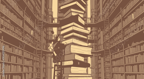 A person climbing a tall stack of books in a library.